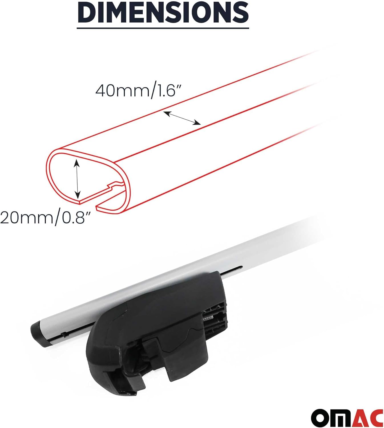 Diagram showing the dimensions of the roof rack bar: 40mm width and 20mm height