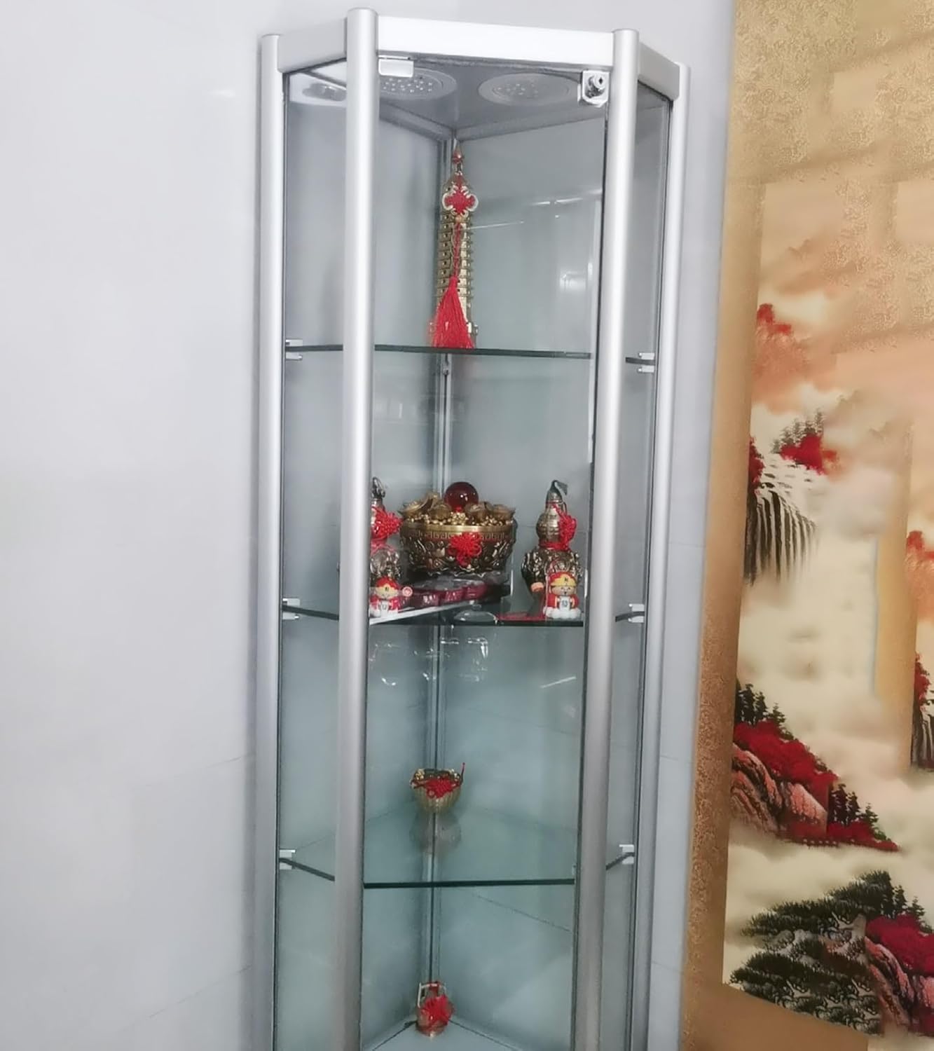 Display Cabinet,Heavy Duty Glass Display Cabinet for Living Room, Tempered Glass Corner Display Cases for Collectibles, 4 Tier Locking Liquor Cabinet Adjustable(Silver,180x4