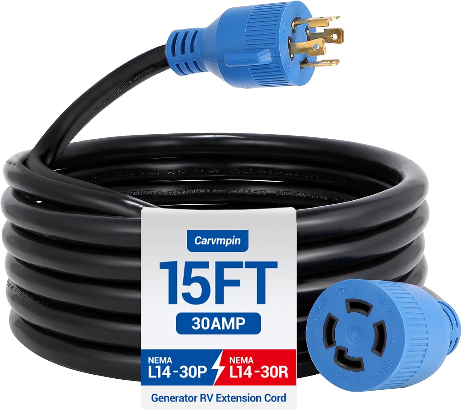 30 Amp Generator Extension Cord 15 Ft - NEMA L14-30P to L14-30R, 4x10 Gauge STW, 125/250V 7500W Heavy Duty Cord, ETL Listed