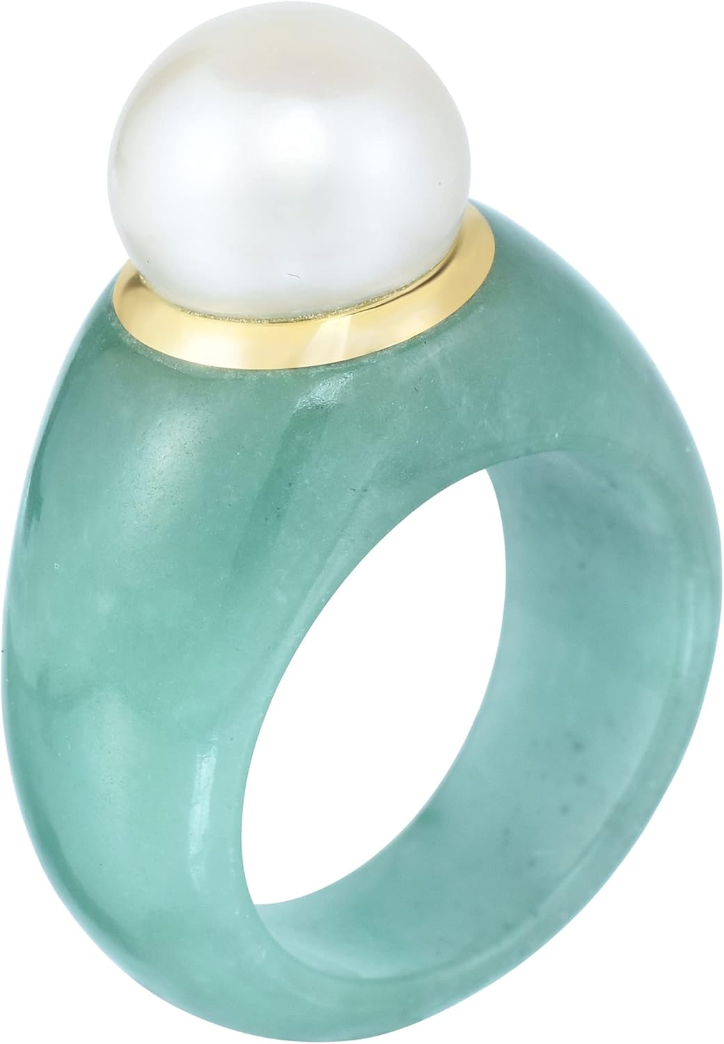14K Yellow Gold with Jade and 10 mm Freshwater Pearl Statement Ring