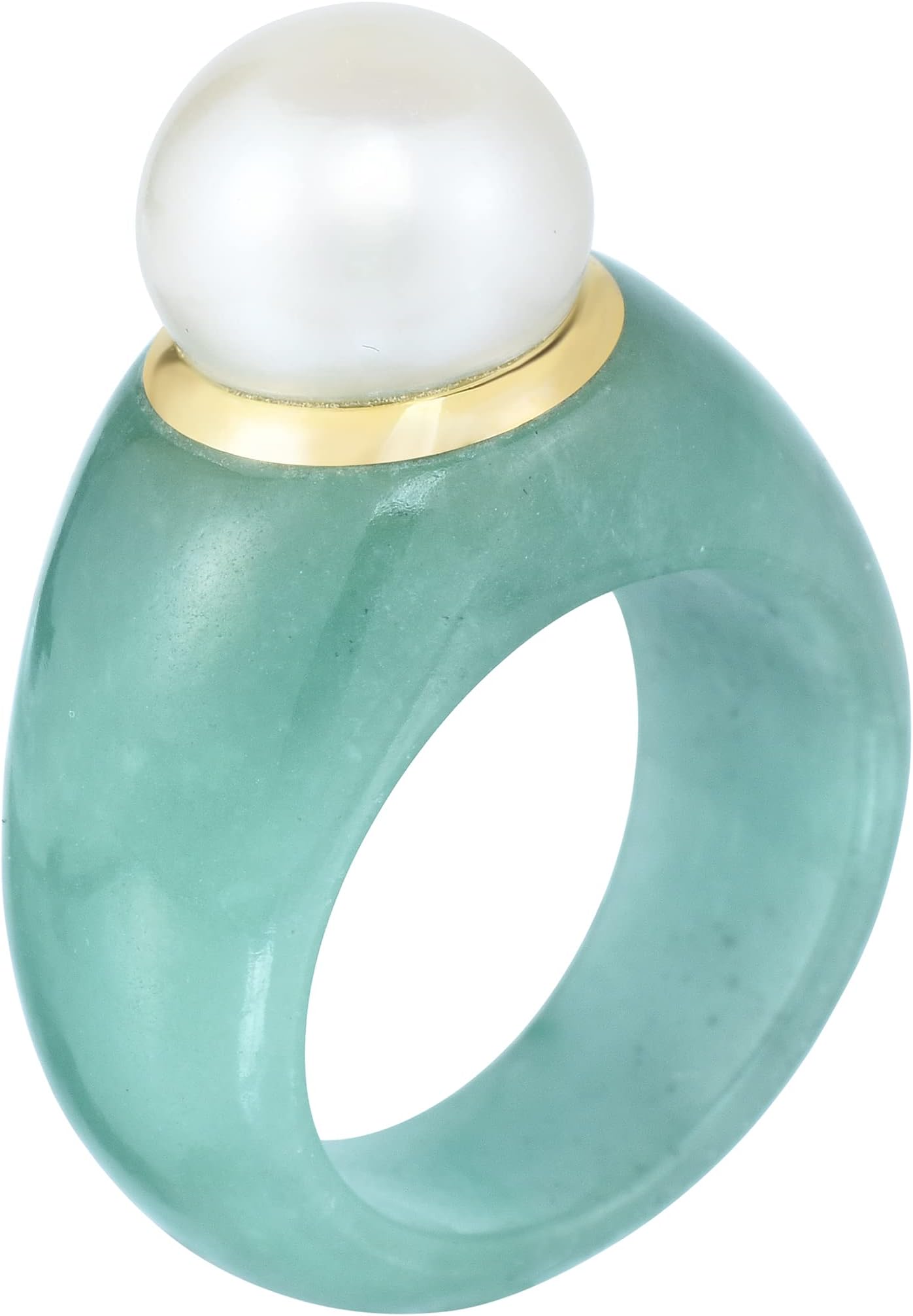 KOKAV14K Yellow Gold with Jade and 10 mm Freshwater Pearl Statement Ring (8), Precious Metal Gemstone, Jade