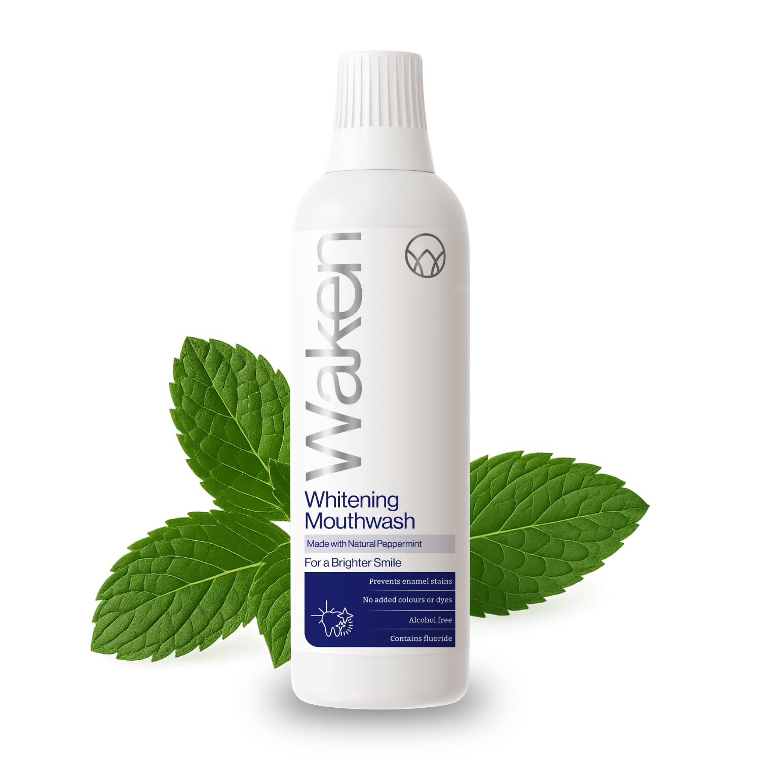 Waken Whitening Mouthwash, clinically Tested whitening Formula for up to 5 Shades Whiter Teeth, Prevents Enamel Stains, Alcohol-Free, Vegan, Recycled Packaging, Natural Peppermint Flavour, 500ml