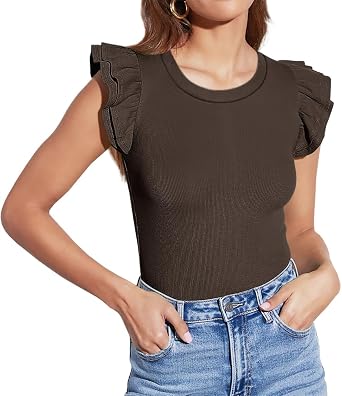 Lacozy Womens Blouse Ruffle Sleeve Top Crewneck Short Sleeve Shirt Casual Basic Work Office Dressy Shirts Spring Summer