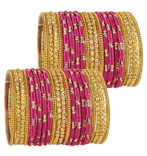 Image of NMII Silk thread Glass Bangle Set for Women (FF70-Magenta-Rani-2.2, Magenta-Rani, 2.2 Inch, 40 Bangles set)