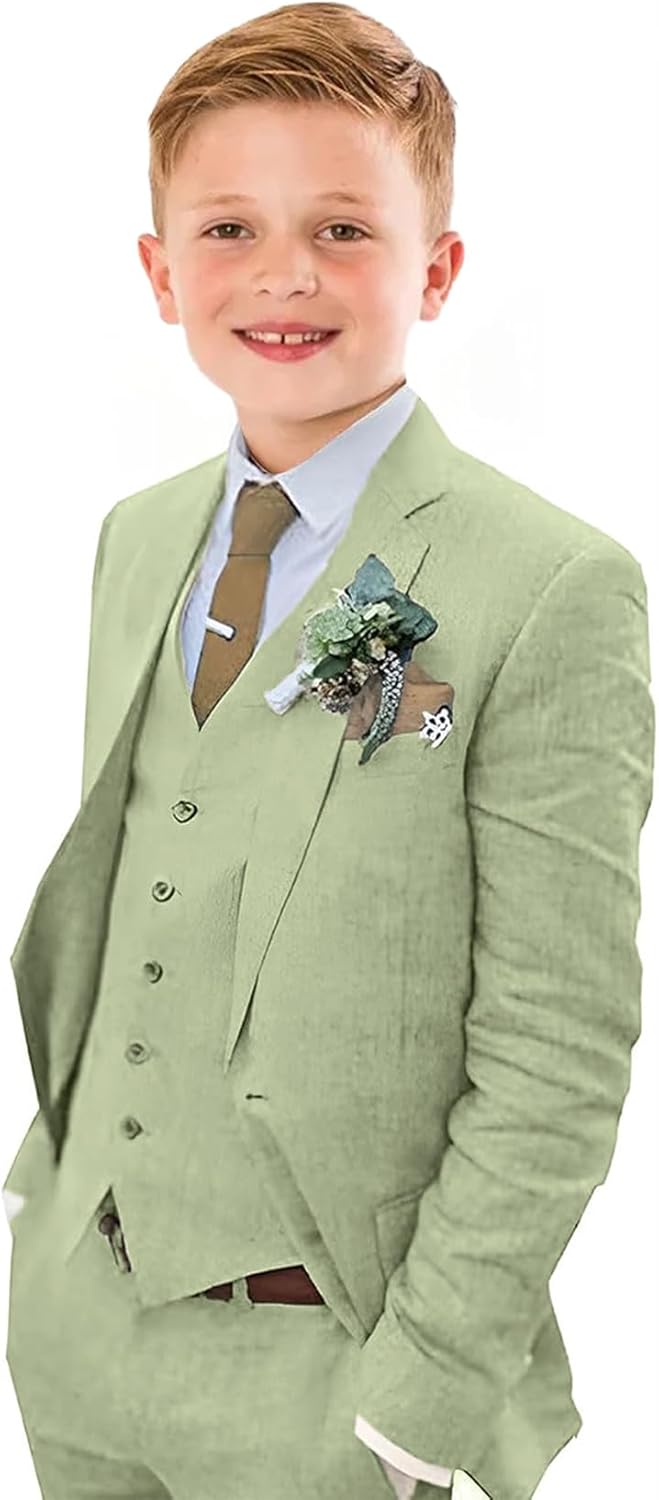 Boys Linen Suit Slim Fit 3 Piece Summer Beach Wedding Light Weight Suit Kids Linen Suit Jacket Vest Pant Set