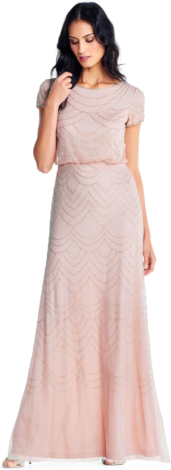 Adrianna Papell Womens Blouson Beaded Long Dress