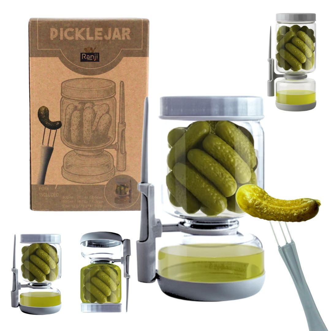 Ranji Transparent - Pickle Jar 900 Ml With Strainer – Flip Hourglass Glass Container For Pickles & Olives – Leakproof & Bpa-Free With Pickle Fork Included – Easy To Clean – Gift-Ready