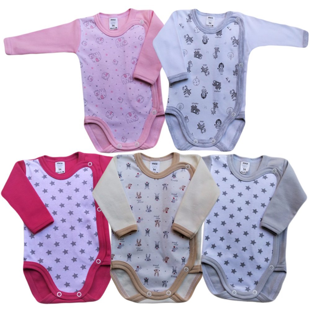 MEA BABY Body unisex de manga larga para bebé de 100 % algodón, paquete de 5 unidades, de manga larga para bebé, con estampado, para niñas, para niños