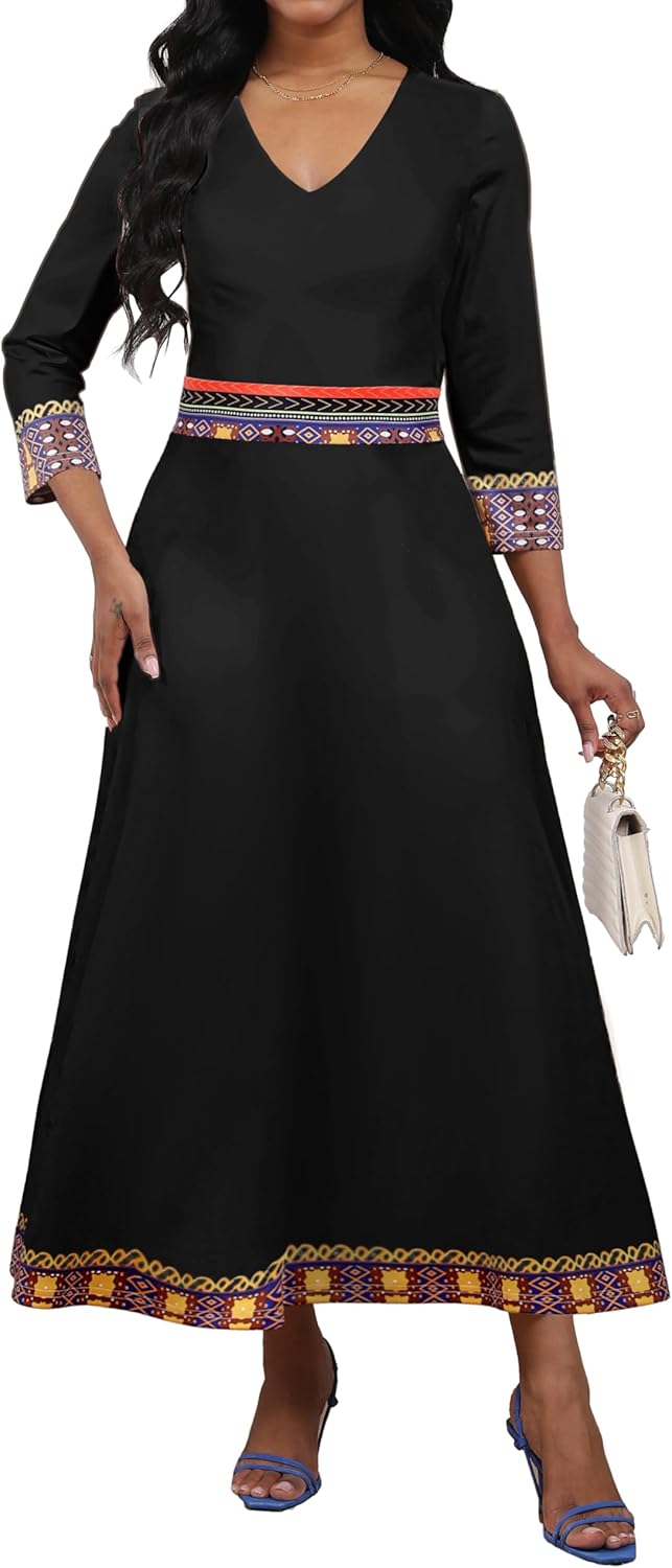 African Dresses for Women Elegant V Neck 3/4 Sleeve Casual Long Maxi African Attire Dress - Image 5