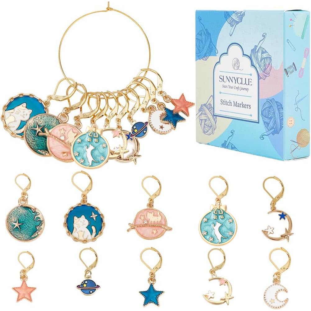 SUNNYCLUE 1 Box 20Pcs Stitch Markers Crochet Stitch Marker Cute Planet Moon Star Enamel Charms Clip On Removable Lobster Clasp Zipper Pull Charm Locking Knitting Markers for Weaving Sewing Quilting
