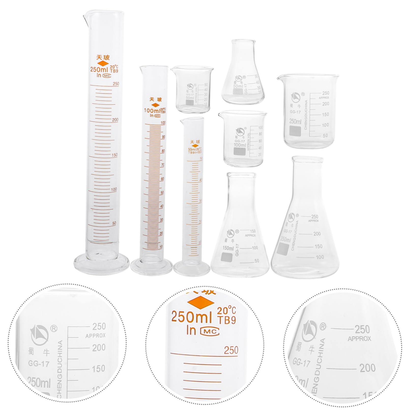 CIYODO Scientific Lab Equipment Set 9pcs Glass Beaker Graduated Cylinder Conical Flask Measuring Cylinders No Bubbles No Burrs Smooth and Rounded