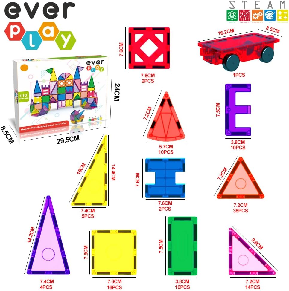 110 pc Magnetic Tiles with Car Set, Building Blocks Toys STEAM Educational Learning Magnet Toy Preschool Montessori Boys & Girls Smart Creative Kit Games Gifts for Age 3+ Kids Toddlers