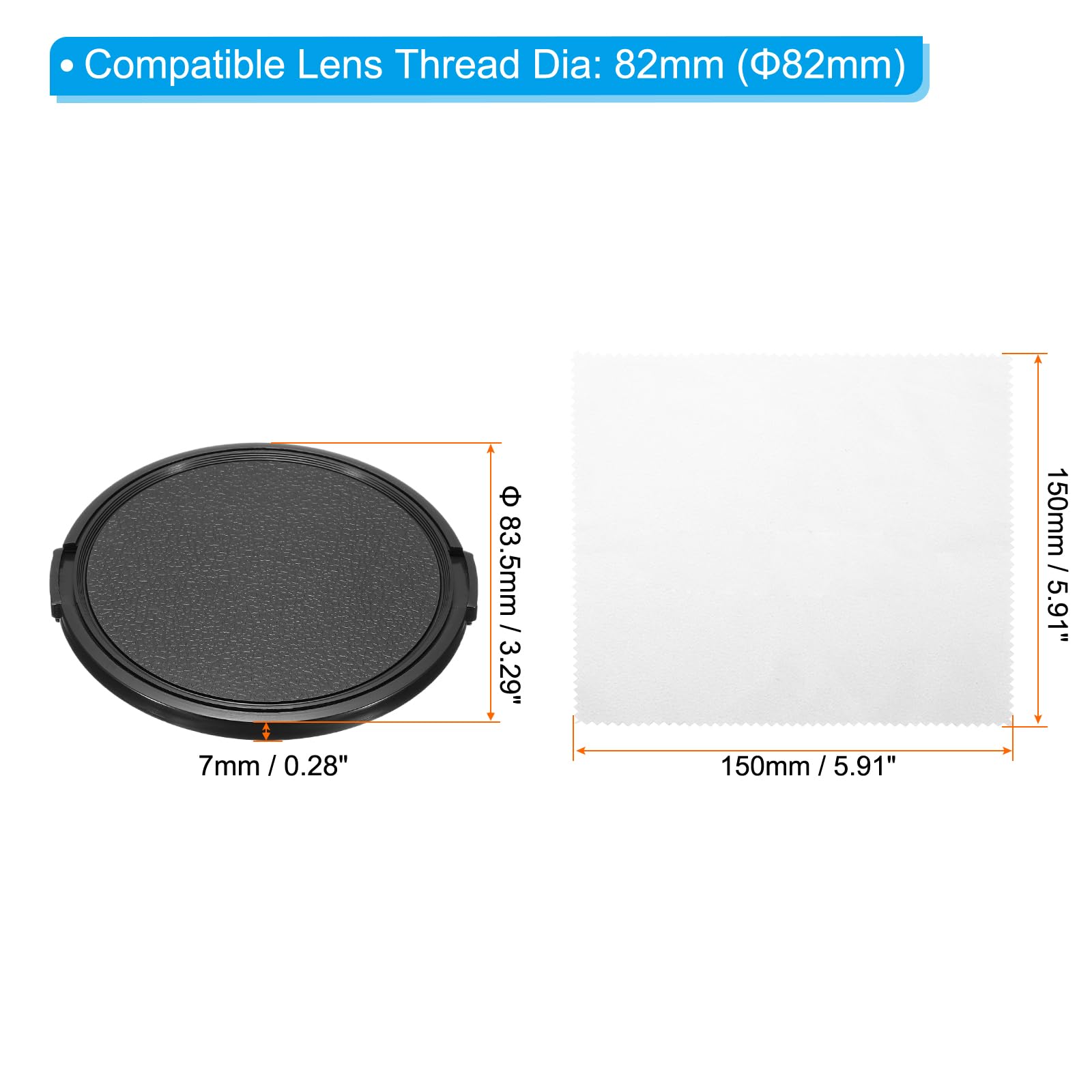 PATIKIL 82mm Lens Cap, 3 Pack Sides Pinch Snap Camera Lens Cover for Front Lens with Cleaning Cloth, Suitable for 82mm Thread Universal DSLR Lenses, Black
