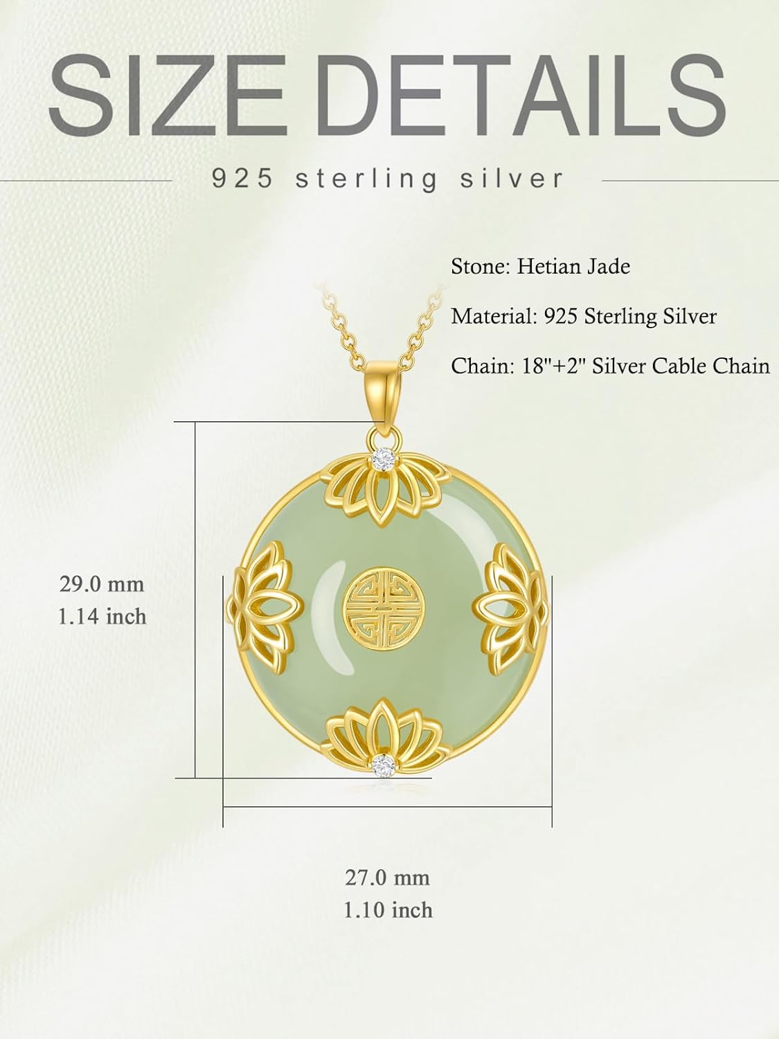 Jade Lotus Necklace for Women 14k Gold Plated Sterling Silver Natural Jade Good Fortune Jewelry Valentines Day Birthday Gifts for Women Mom Wife - Image 4