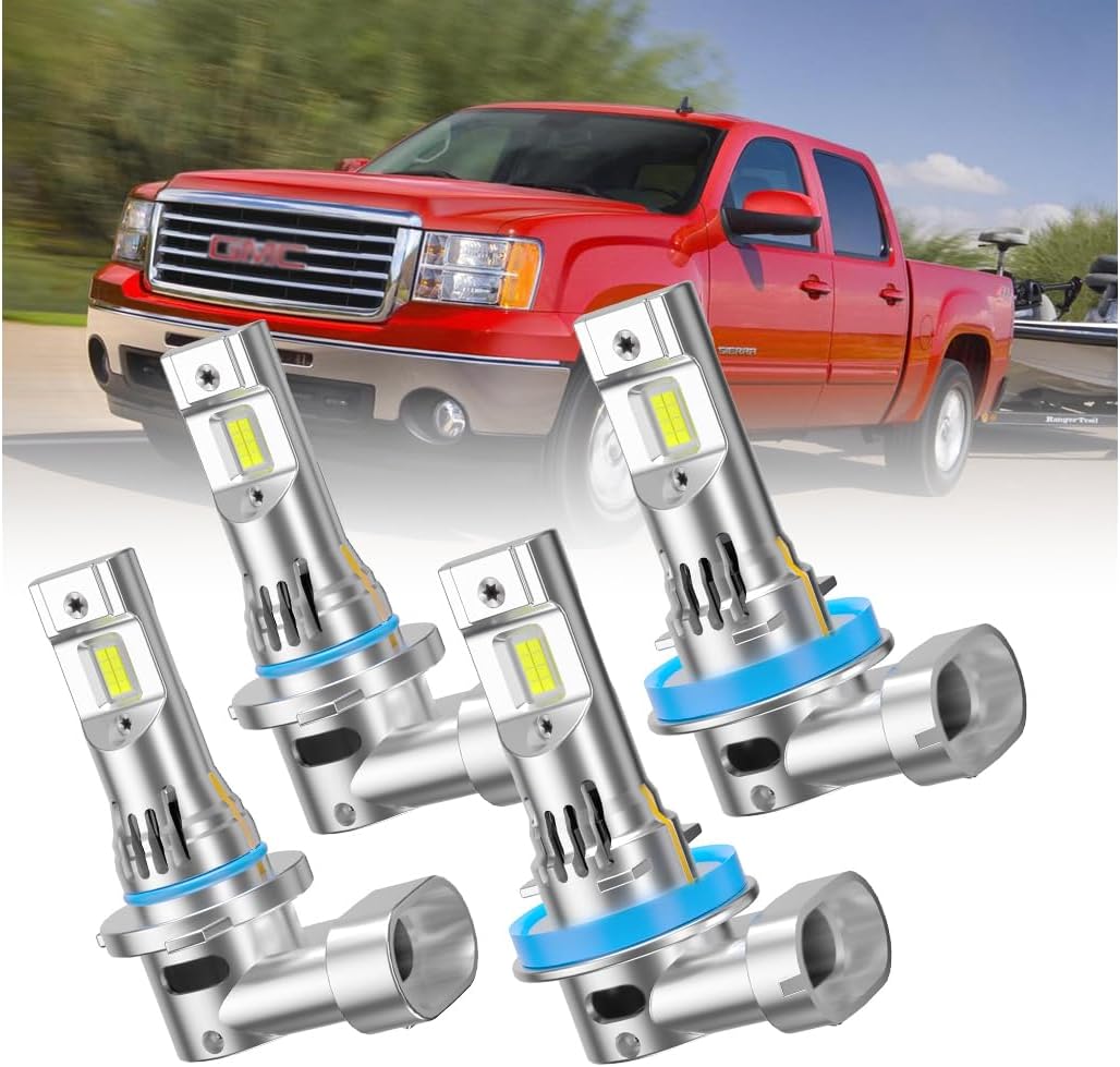 LED Front Light Bulbs fit For Fit for GMC Sierra 1500/2500/3500 2007-2013, 6000K 100W High Beam & Low Beam Car Bulb Plug and Play, Pack of 4