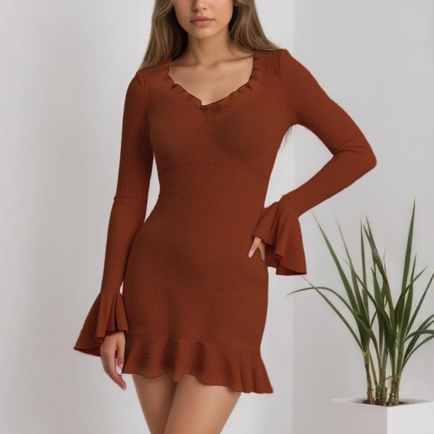 Women's Ruffle Mini Dress Sexy V-Neck Bodycon Dress with Bell Sleeve Fit Slim Party Club Short Pencil Dresses - Image 5