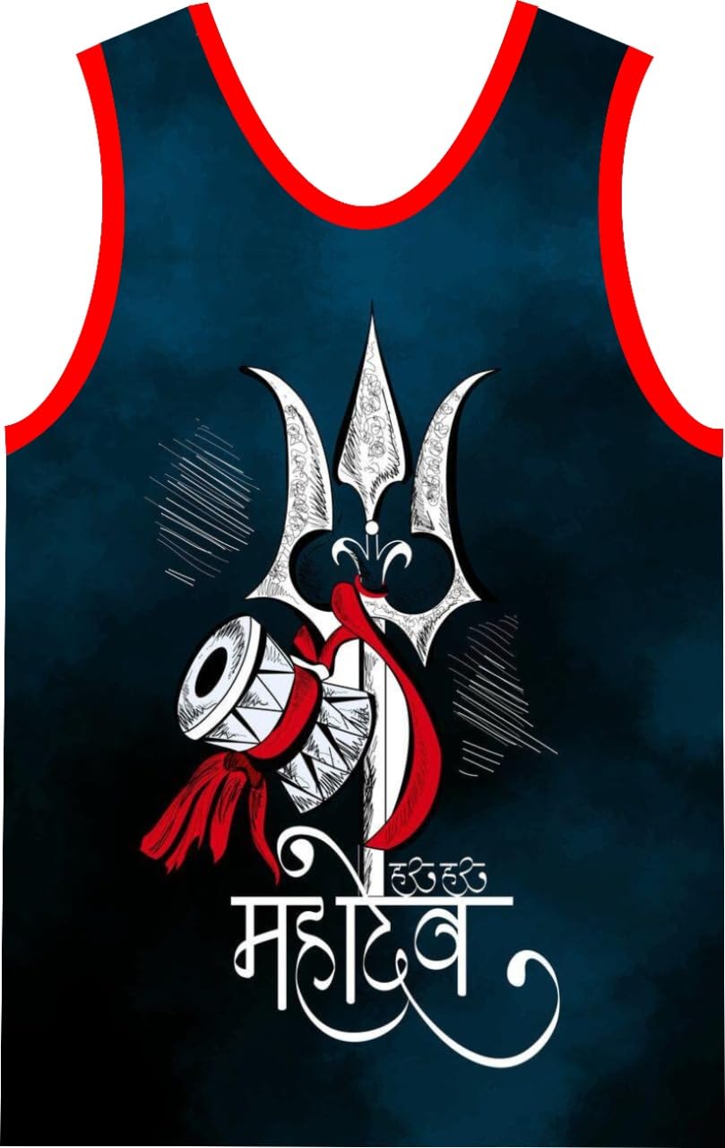 sanctified Divine Wear Men's Performance Blend Har Har Mahadev & Trishul Print Kawad Sleeveless T-Shirt/Gym Vest for Yatra-picture-17