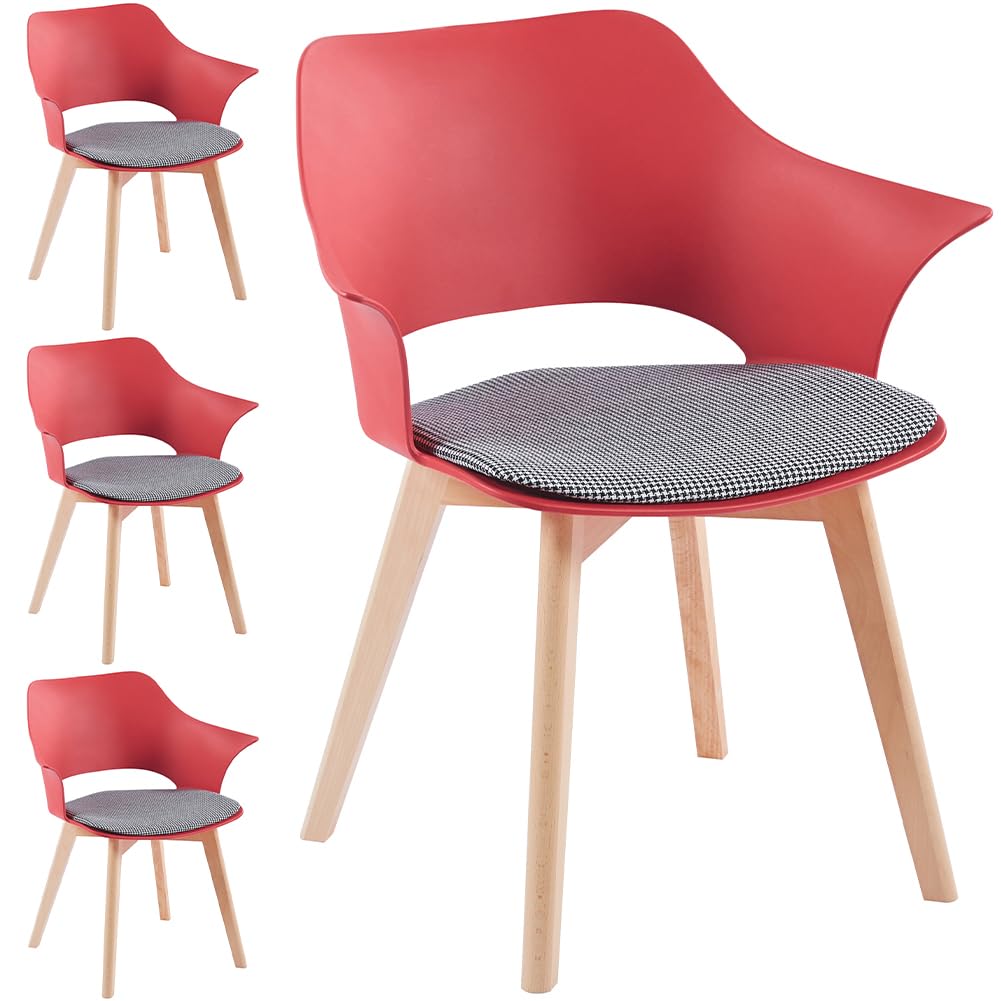Shally Dogan Set 4 Sedie per Sala da Pranzo con Piedi in Legno e Seduta con Morbida Imbottitura e Trama a Quadretti, Sedia Design Nordico, Poltrona Ideale per Cameretta, Cucina, Ufficio (Rosso)