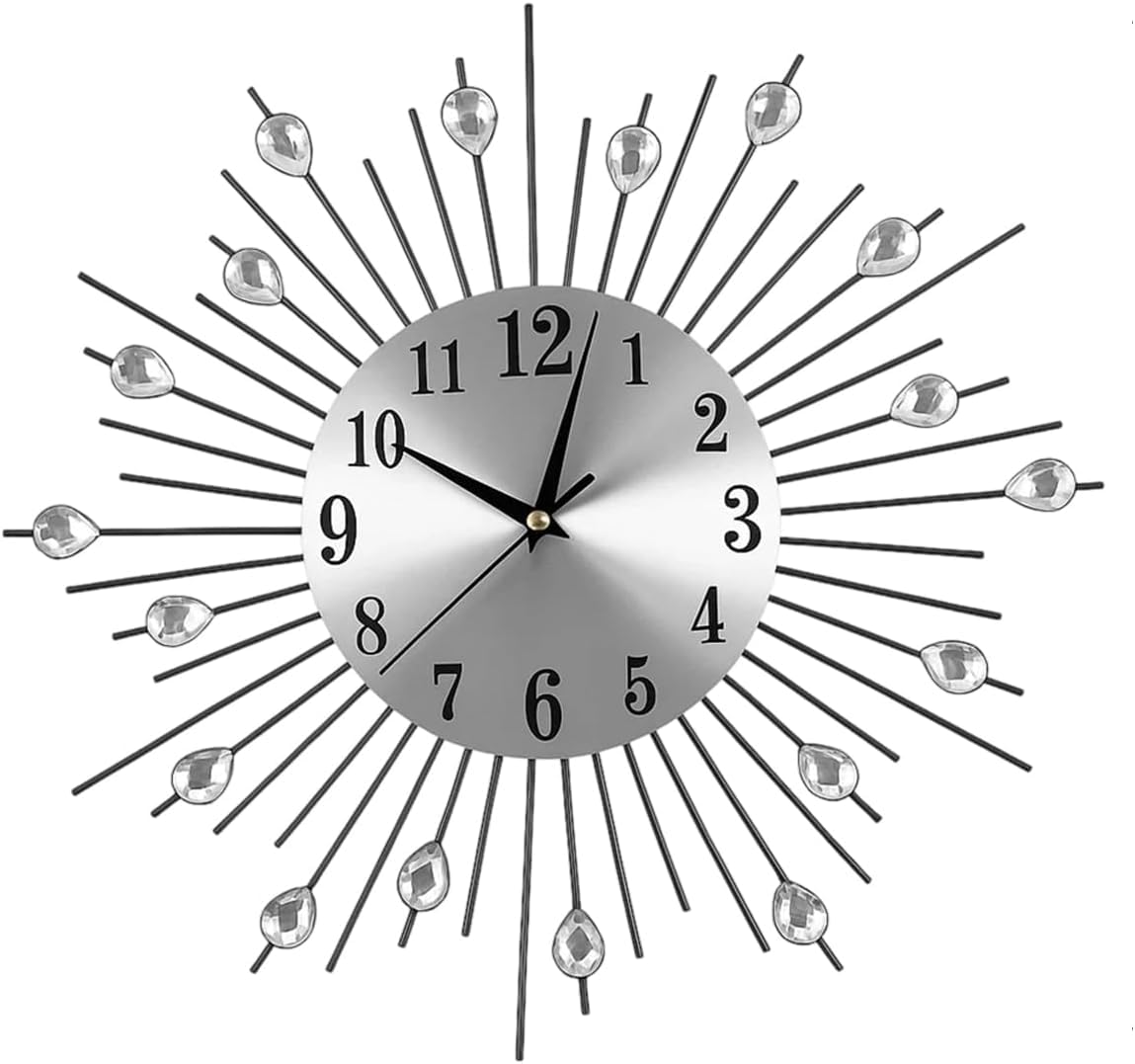 FERNVALE Modern Sunflower Wall Clock 60cm - Large Retro Metal Wall Clock with Flash Diamond Spiked Beaded Design, Silent Battery Powered, for Living Room (Silver, 38cm)