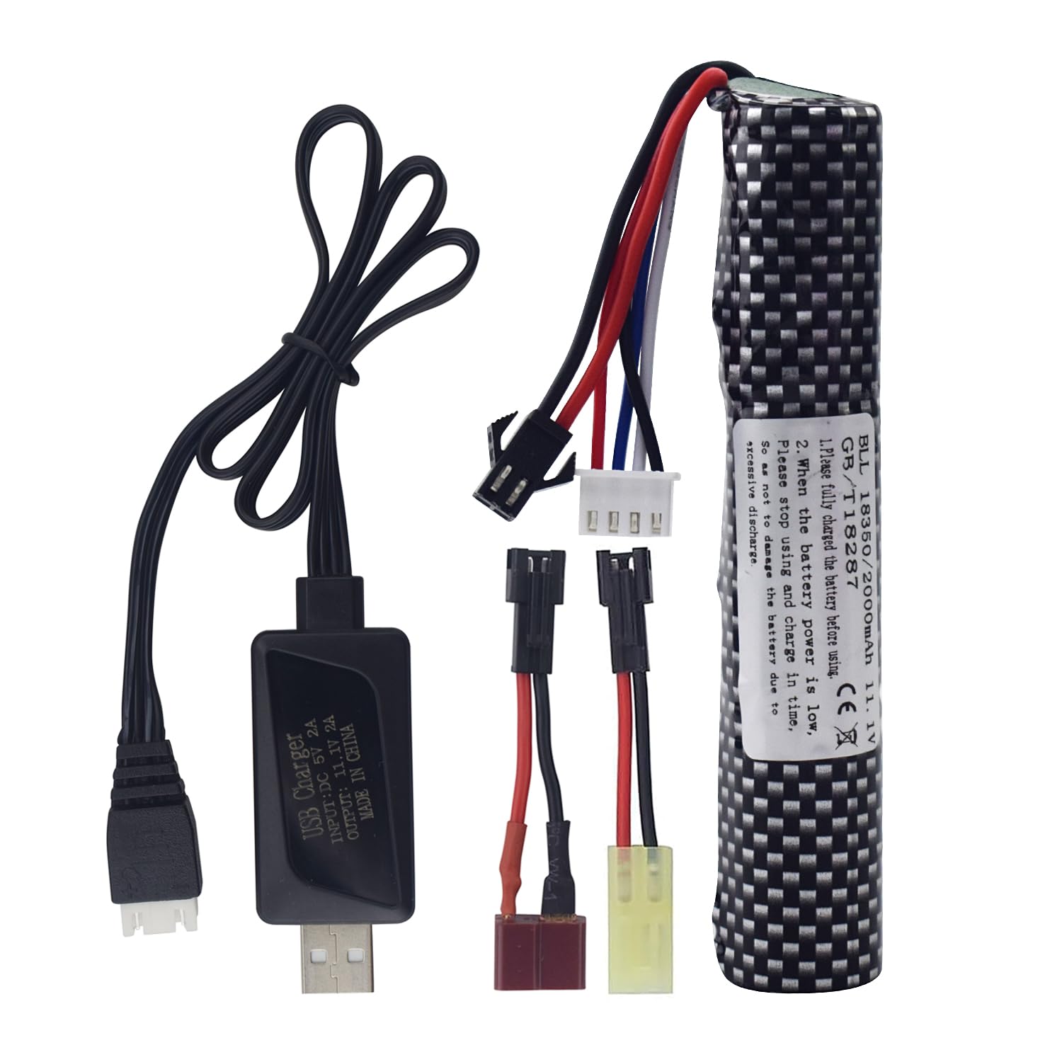 MOONZON 3S 11.1V 2000mAh Li-ion Battery with SM-2P Plug Connector Whith Adapter and USB Charging Cable, Suitable for Airsoft Gel Water Droplet Blaster Air Gun Gel Ball Shock Wave Spare Battery