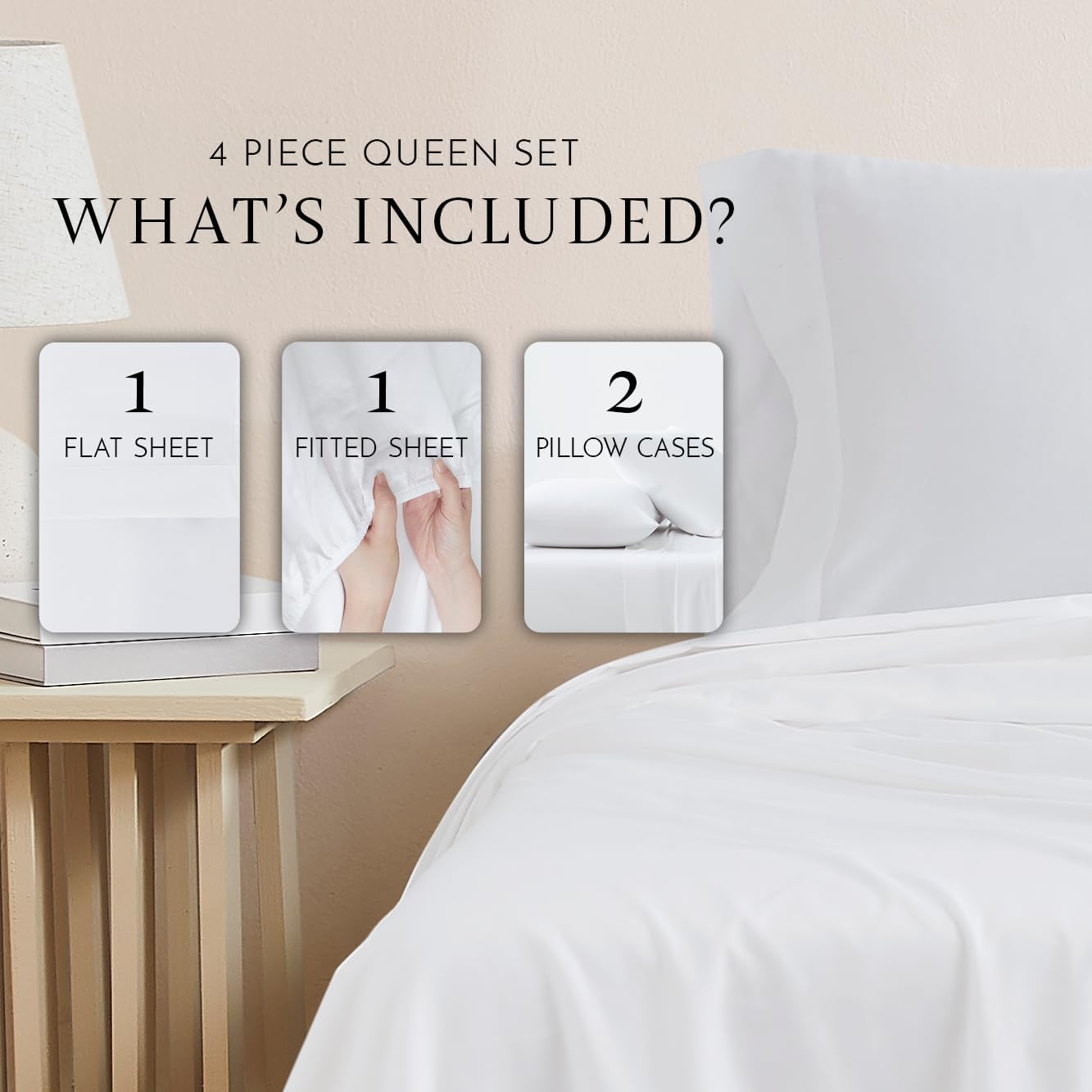 Linen Closet Organic 100% Cotton Queen Sheet 4 Pcs Set, 18” Deep Pocket, Arctic White | Lightweight, Eco-Friendly Cotton, Percale Softness, Durable & Breathable, Naturally Cooling | All Season Comfort