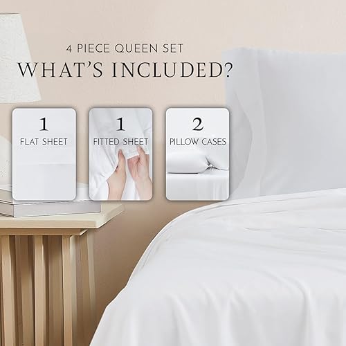 Miniatura 2 de Linen Closet juego de sábanas de 100 % algodón orgánico de percal de 4 piezas, tamaño queen, bolsillo de 18 pulgadas de profundidad, blanco ártico