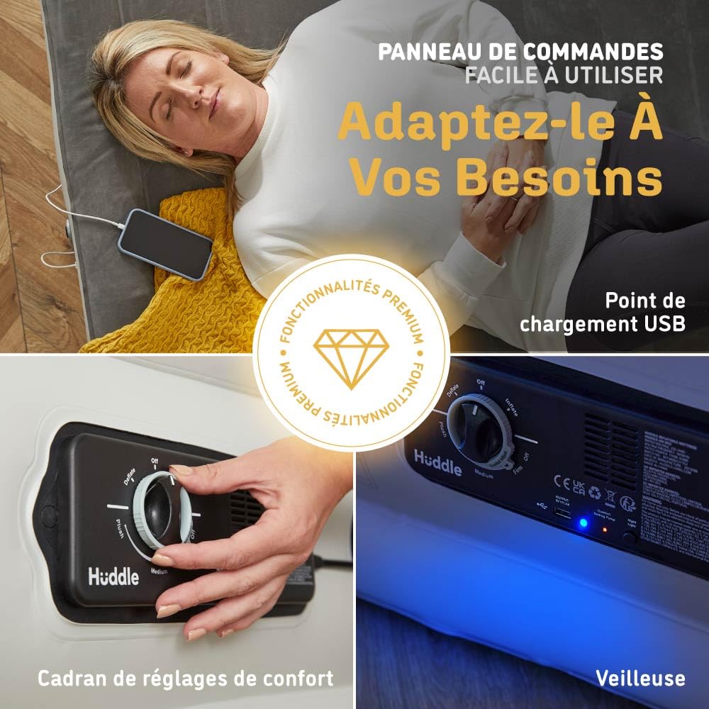 Huddle® Never Deflate™ Luxury lit Double Gonflable, lauréat Good Housekeeping 2025, doté de la Double Pompe SlumberGuard™, fermeté réglable, Pompe intégrée et veilleuse USB