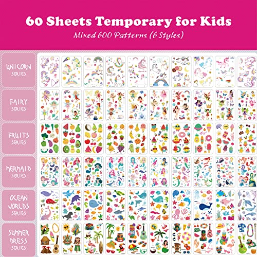 CAYUDEN Waterproof Kids Fake Tattoo Stickers, Mermaid Unicorn Glitter Tattoos Kit, Cartoon Temporary Tattoos for Boys & Girls - Image 4