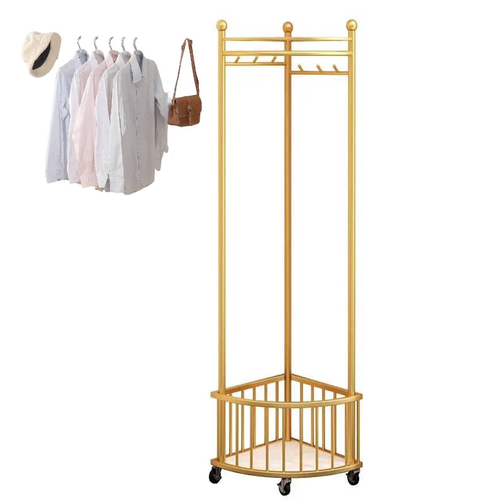 Porte-manteau d'angle avec panier filet et roulettes dorées
