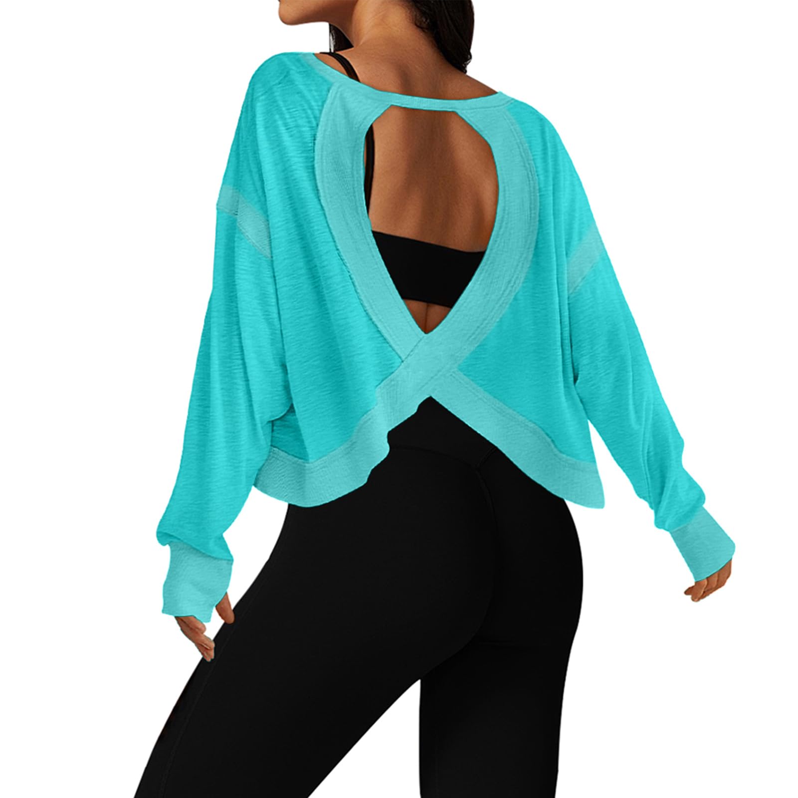 UNIANKIYA Open Back Workout Tops for Women Long Sleeve Cropped Athletic Clothes Gym Running Yoga Low Impact Sports T Shirts