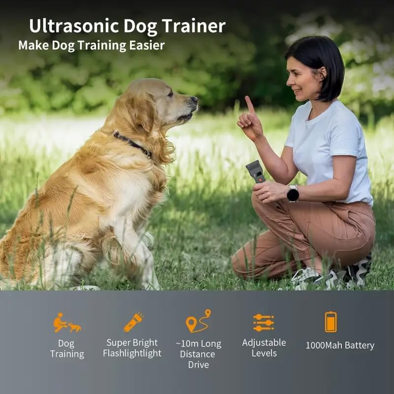 Power Dog - Repelente Ultrasónico para Perros, Dispositivo Portátil para Entrenamiento y Seguridad, 3 Transmisores Ultrasónicos con Linterna LED Super Brillante Recargable USB
