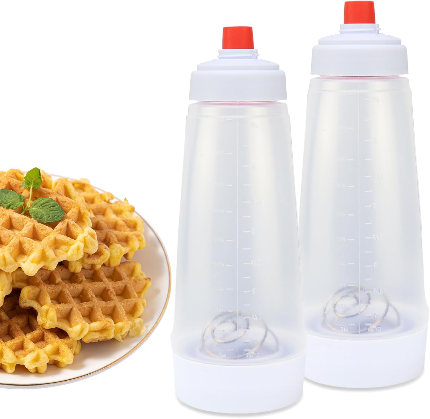 Photo 1 of **NOT AIRTIGHT**Kvcik 2 Pack Batter Mixer and Dispenser with Whisk Ball, 1000ml Silicone Squeeze Pancake Batter Dispenser and Mixer, Stand Base and Leak-proof Sealing Ring for Pancakes Crepes Waffle Muffins Cupcakes