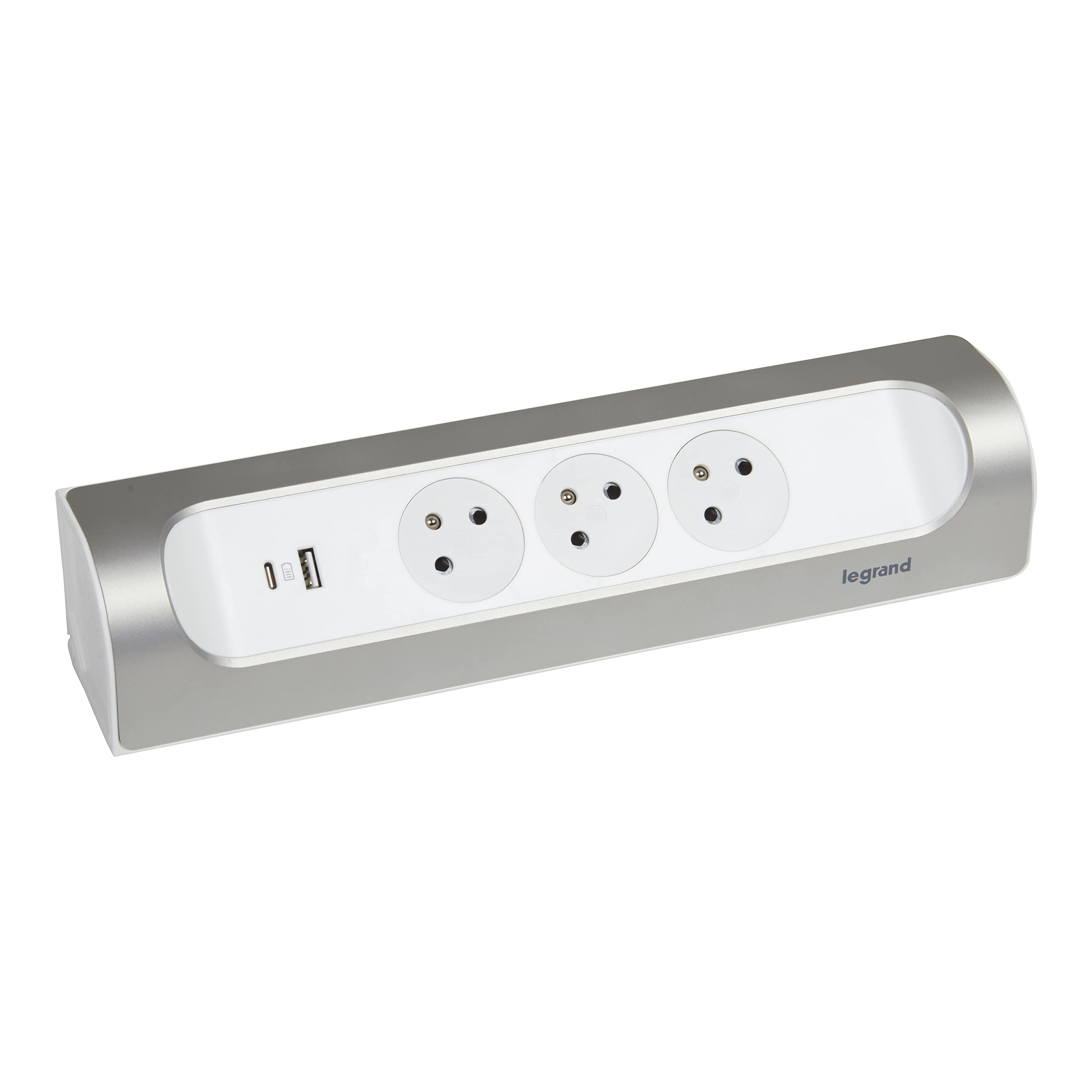 LEGRAND - Multiprise d'Angle à Câbler - 3 Prises Surface avec Terre + Prise USB-C + Prise USB-A - Installation Horizontale ou Verticale - Blanc et Alu