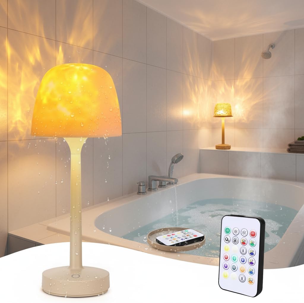 Shower Lamp Waterproof with Remote and Touch Control, USB Rechargeable Night Light, 3 Color Temps 16 Modes, Portable Ocean Wave Projector Cordless Spa-Like Mood Light for Bathroom and Bathtub