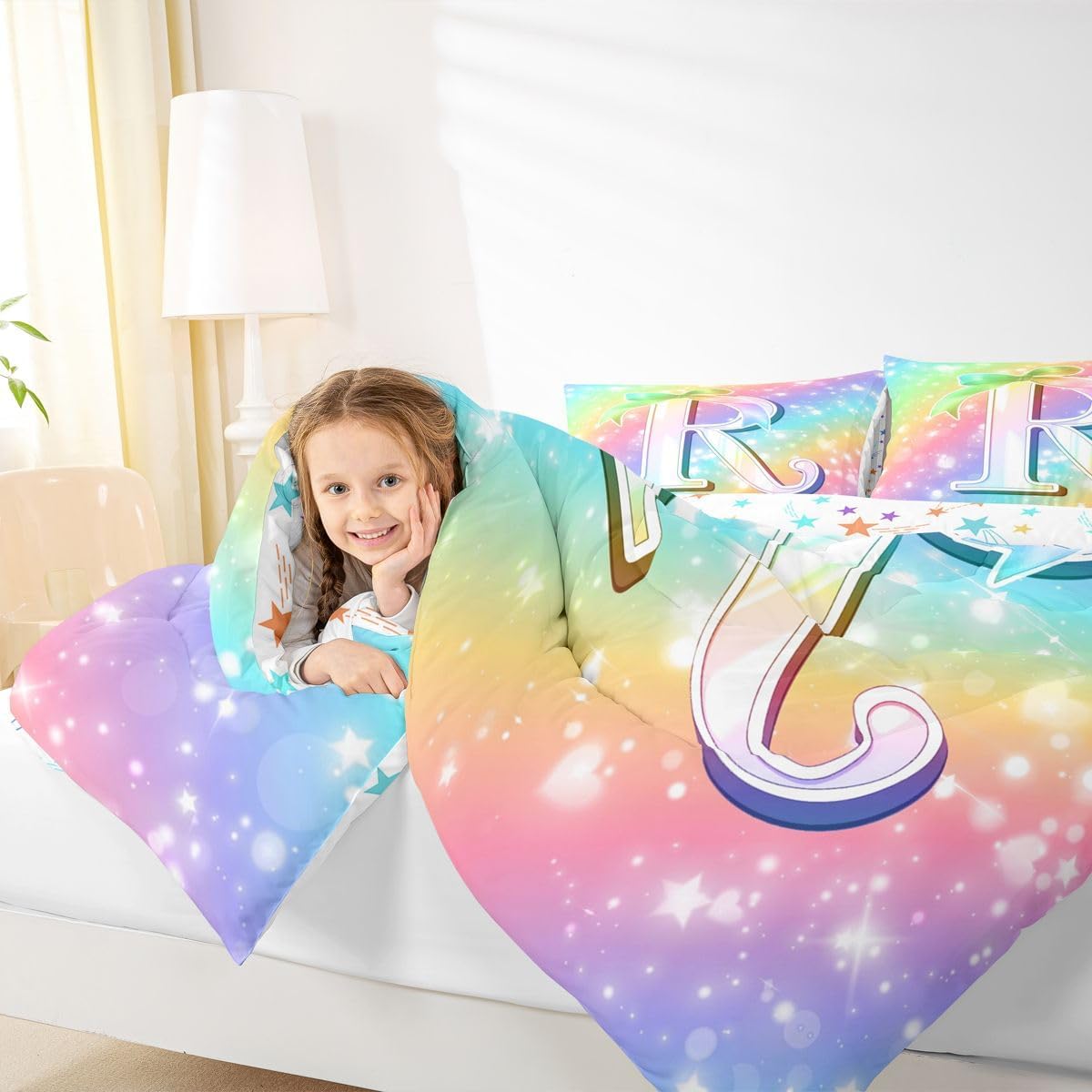 Feelyou Colorful Rainbow Comforter Set Personalized Gifts for Kids Girls Bedding Set with 2 Pillow Cases Cute Coquette Bow Knot Kids Full Bedclothes Initial R Bedroom Decor Monogrammed Duvet Quilt