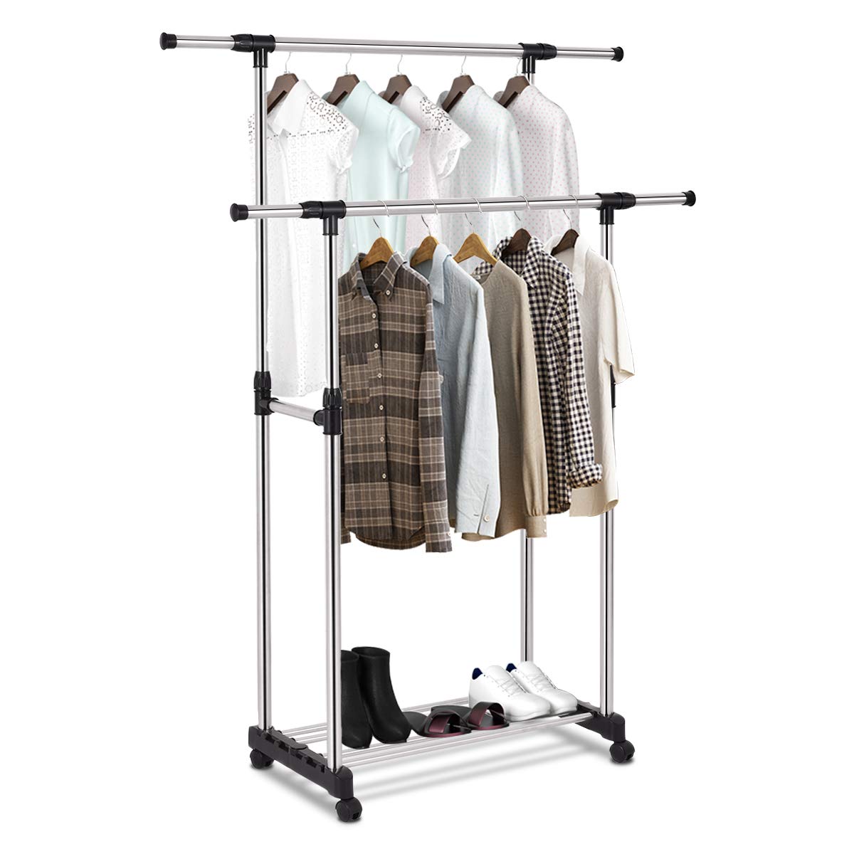 Tangkula Rolling Garment Rack, Double Rail Heavy Duty Height Adjustable