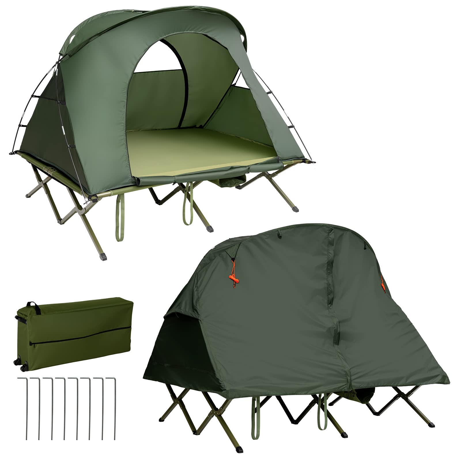 COSTWAY 4 in 1 Tenda da Campeggio Rialzata per 2 Persone, Letto Brandina da Campeggio Pieghevole con Materasso Gonfiabile Automatico, Tenda a Doppio Strato Impermeabile e Antivento con Borsa