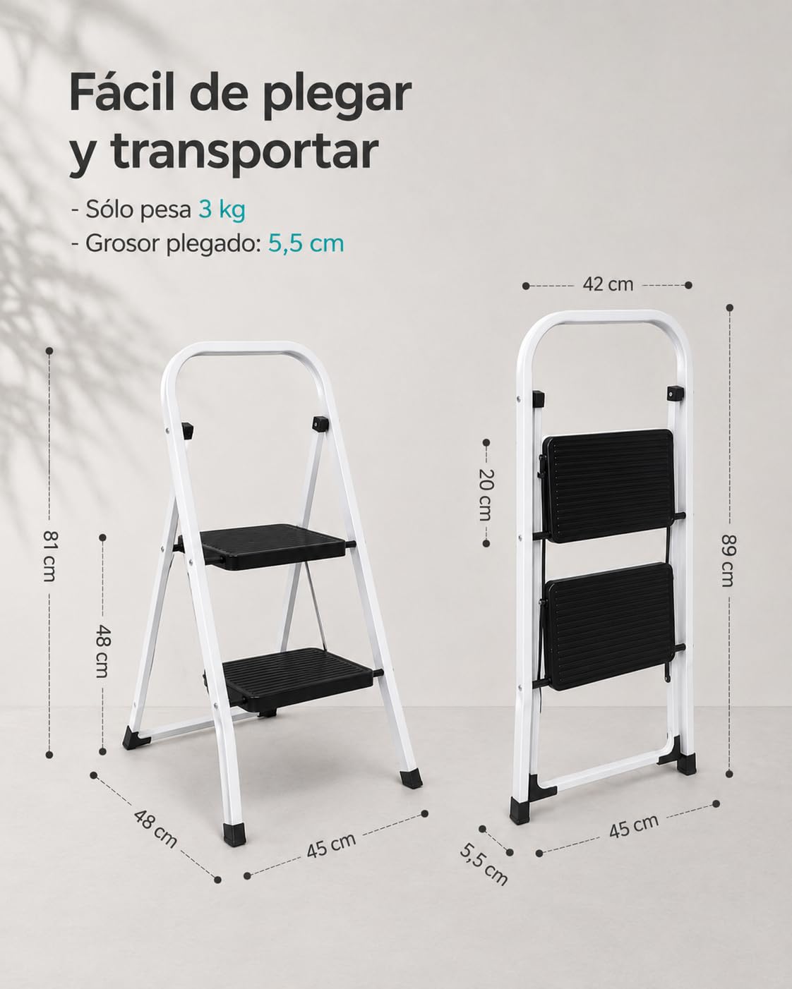 Escalera Plegable de Metal Domestica, Taburete Plegable peldaño Extra Ancho y con Apoyabrazos Carga hasta 150 KG, (2p Blanca)