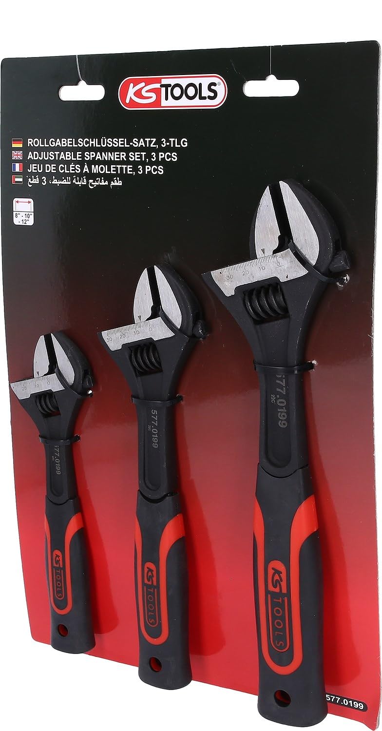 KS TOOLS 577.0199 - Jeu de 3 Clés à molette à manche bi-matière - 8" - 10" - 12" - En Chrome Vanadium - Tête brunie Noir/Rouge