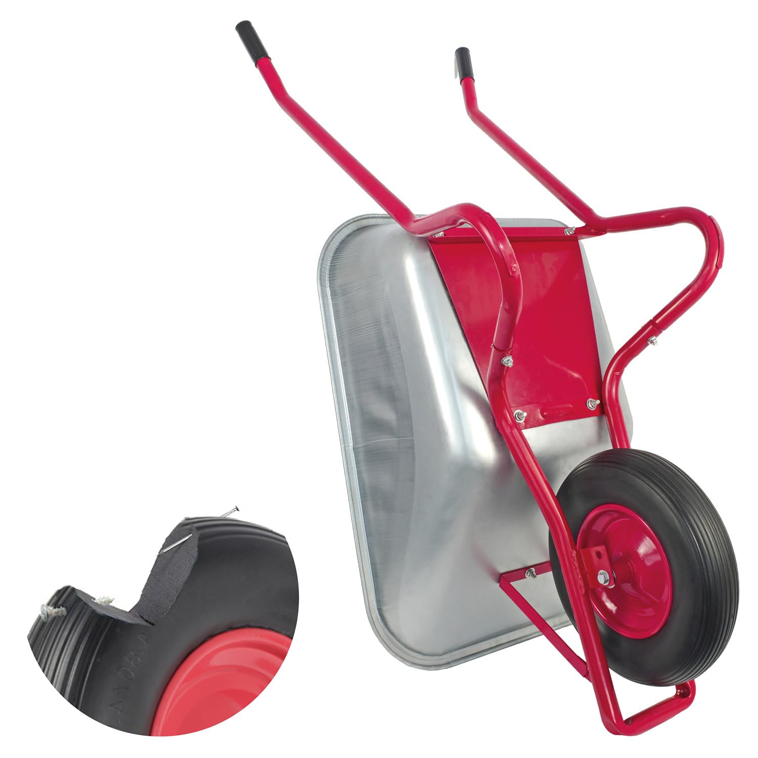Matrix Schubkarre Profi 100l Liter 250 kg mit zusätzlichem Bodenblech pannensicheres PU-Rad Schubkarren groß Garten Scheibtruhe Bauschubkarre | Mulde verzinkt | Metall Felge mit Kugellager | Farbe rot