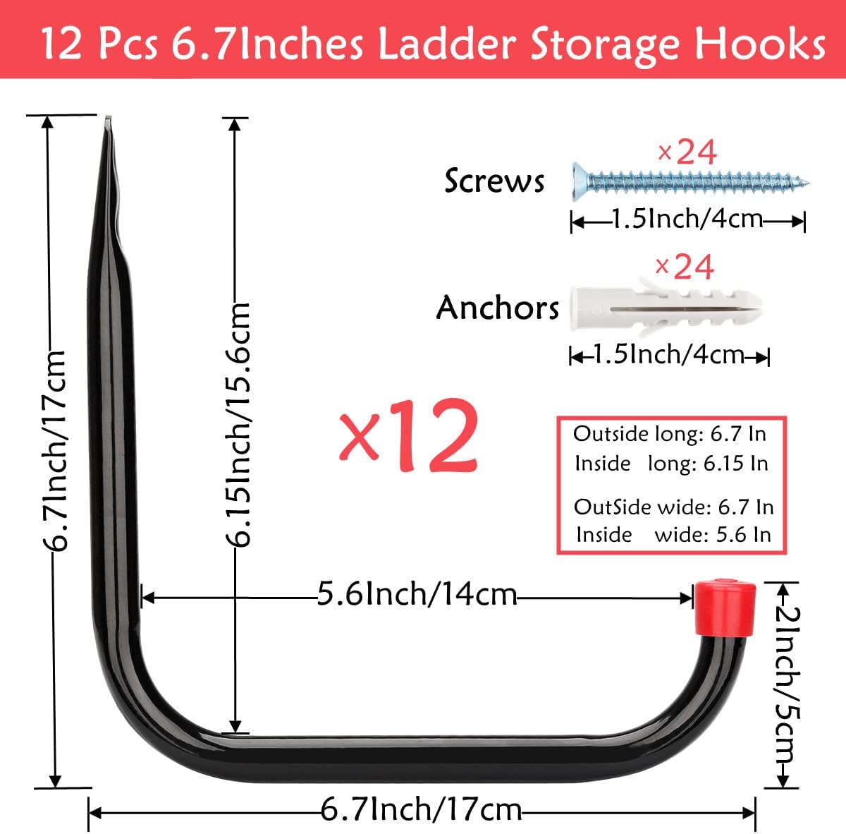 Garage Storage Ladder Hook, 12 Pack Heavy Duty Utility Hooks, 6.7Inch Garden Tool Organization Hanger by Naikozmo Black
