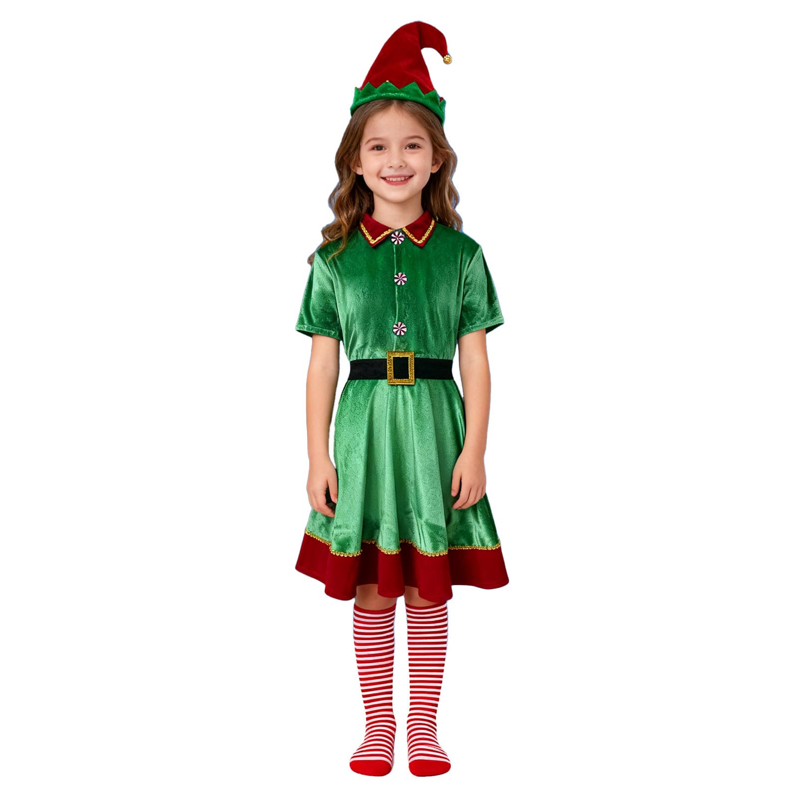Elf Costume Kids Child Baby Toddler Elf Fancy Dress Christmas Costume Christmas Children's Boys Teenagers Cosplay 5 Piece Outfit Set Includes Top Trousers Hat Socks Belt Cosplay Green Outfit Set