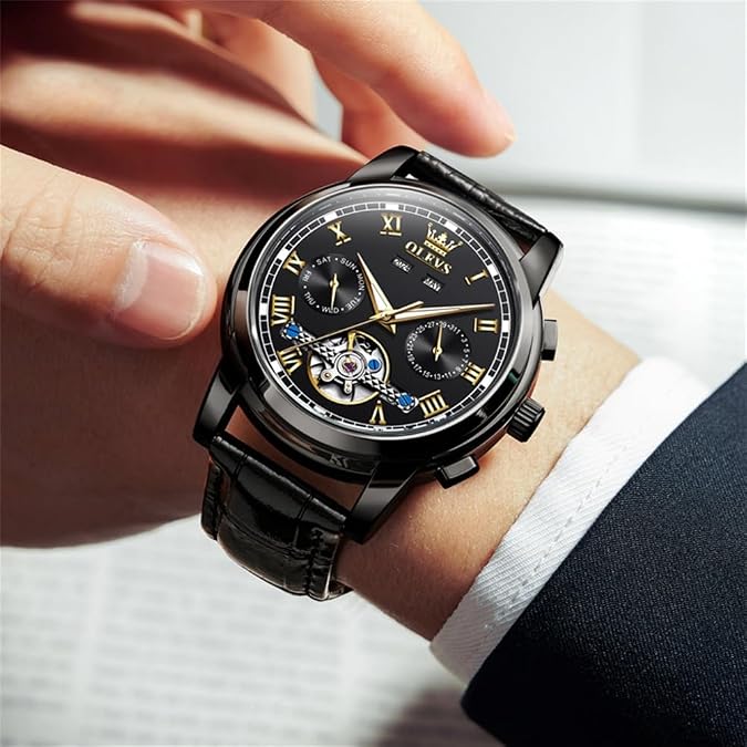 OLEVS Mechanical Dress Mens Watches Square Brown Leather Strap Moon Phase Skeleton Tourbillion Day Date Waterproof Luminous Men's Wrist Watches