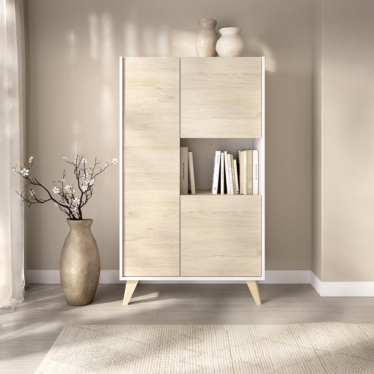 DEKIT GRUPO RIMOBEL NESS - APARADOR ALTO DE 3 PUERTAS Y 4 ESTANTES - 135X81X43 cm - BLANCO / NATURAL
