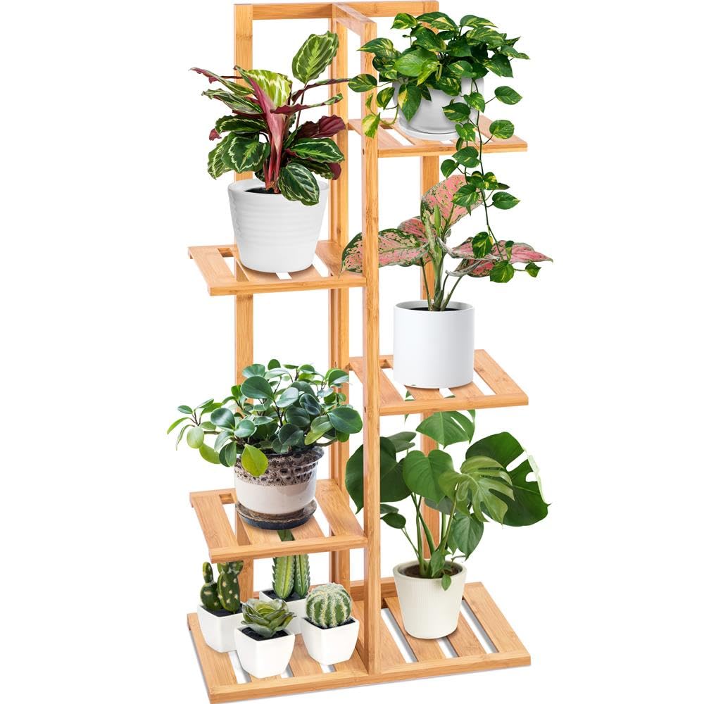 SereneLife Bamboo Plant Stands Indoor, 6 Tier Tall Corner Ladder Shelf for Multiple Plants, Flower Pot Stand Indoor/Outdoor for Living Room Garden Balcony Patio Boho Decor, Brown
