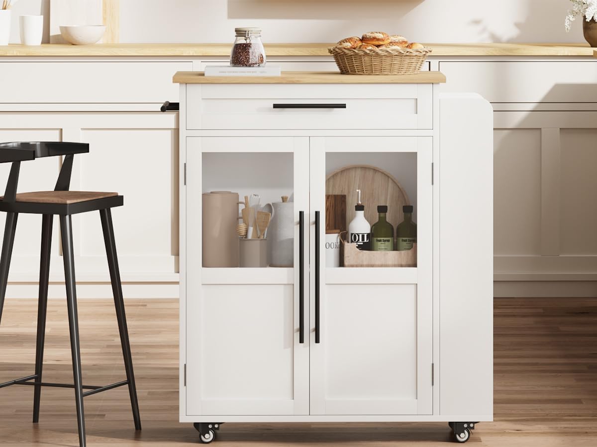 Garvee Kücheninsel mit Rollen, Küchenwagen & Servierwagen mit Glastüren, Schublade, Gewürzregal für Küche, Esszimmer & Flur, Weiß, 74 x 38 x 78,5 cm