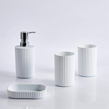 iTrend 4pc Bathroom Accessories – Decoration Set – Soap Dish, Soap Dispenser Pump and Tumbler Cup(2pcs) for Toothbrush Holder - Matt White