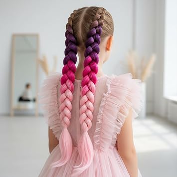 2 Packs Pink Hair Extensions for Braiding, Gradient Colour Pony Tail Extensions with Elastic Tie, Pre Stretched Braiding Hairs for Women Girls, Children in Need Hair Accessories
