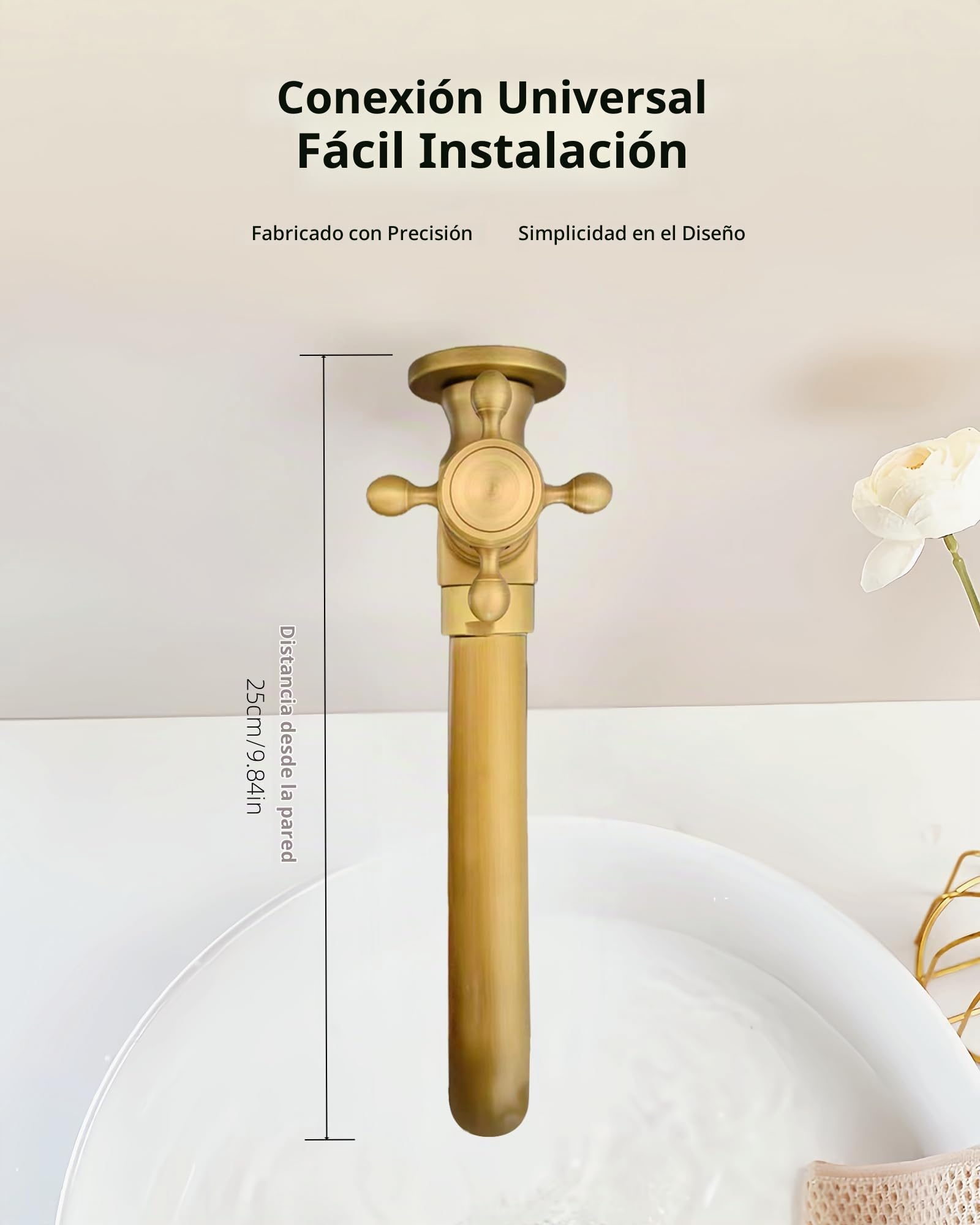 Grifo Pared de Agua Fría Latón Antiguo Giratorio 360°, 24cm | Grifo mural lavabo largo latón cepillado para baño balcón jardín terraza casa hotel, conexión 1/2 pulgadas