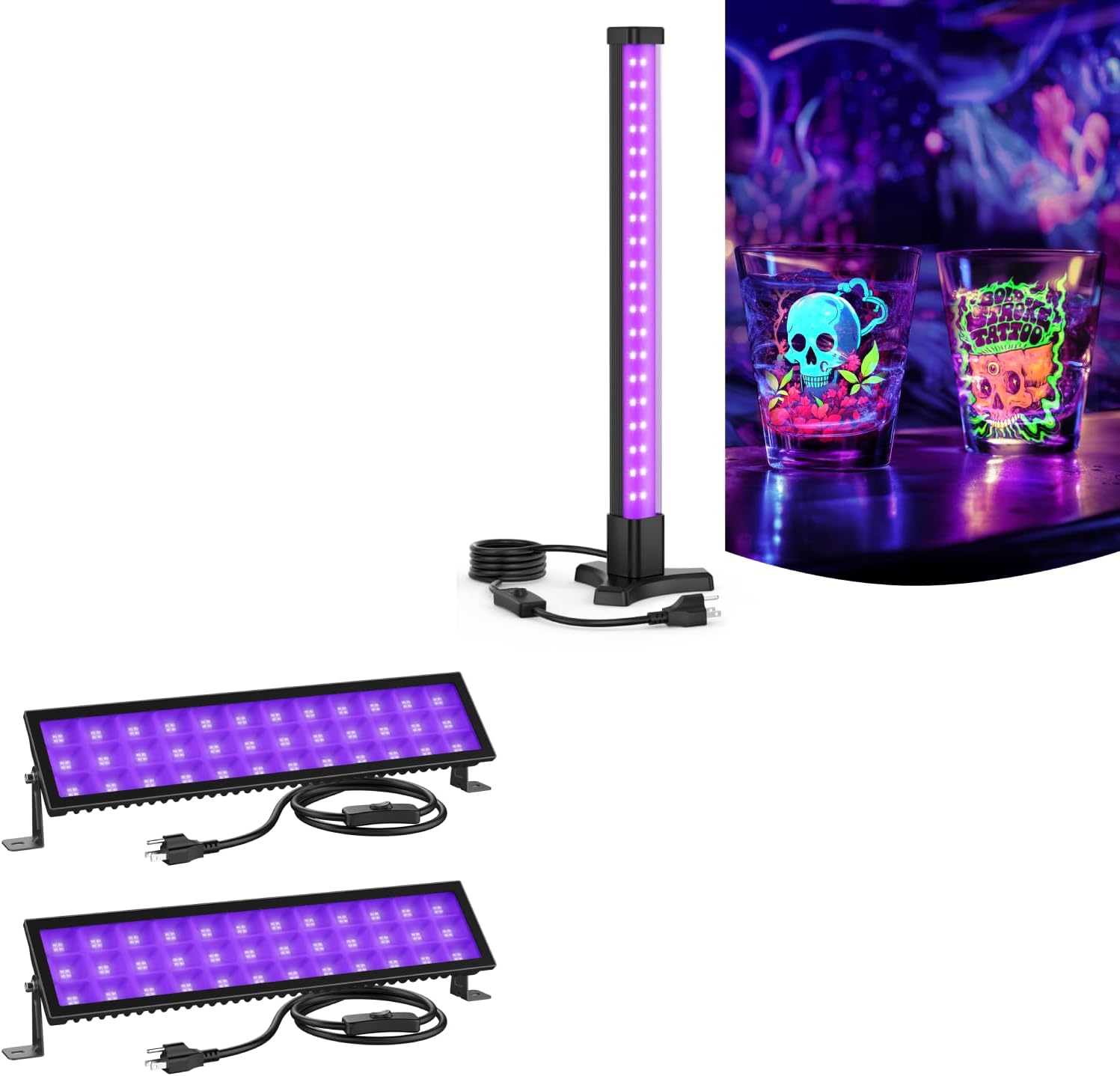 Onforu 2 Pack 72W and 15W Black Light Bar, LED Blacklight with Plug and Switch, Black Light Flood Light, Vertical Standing Blacklight for Glow in The Dark Party, Halloween Decorations, Desktop